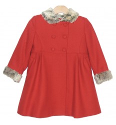 Abrigo de niña en paño rojo con cuello y puños de pelo 