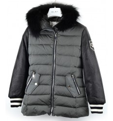 Abrigo corto de plumón en gris con cuero eco Marca Elsy