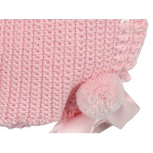 Capota de lana rosa hecha a mano con cinta y pompón
